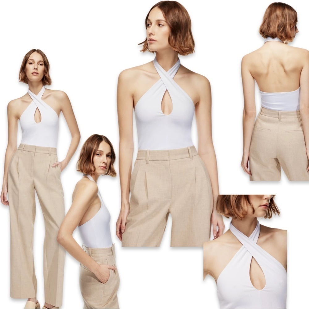 Aritzia Wilfred Beige Small Ribbed Halter Cross Neck Bay Top Super Comfortable